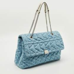 Pre Owned Karl Lagerfeld K/Kuilted Large Blue Denim Jacquard Flap Shoulder Bag