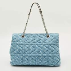 Pre Owned Karl Lagerfeld K/Kuilted Large Blue Denim Jacquard Flap Shoulder Bag