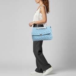 Pre Owned Karl Lagerfeld K/Kuilted Large Blue Denim Jacquard Flap Shoulder Bag