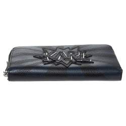 Pre Owned Karl Lagerfeld Black/Blue Leather Zip Around Wallet