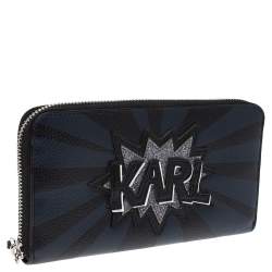 Pre Owned Karl Lagerfeld Black/Blue Leather Zip Around Wallet