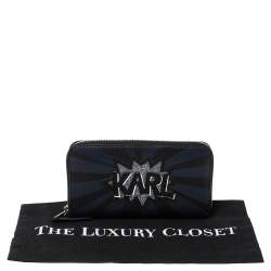 Pre Owned Karl Lagerfeld Black/Blue Leather Zip Around Wallet