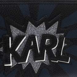 Pre Owned Karl Lagerfeld Black/Blue Leather Zip Around Wallet