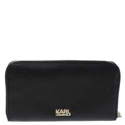 Pre Owned Karl Lagerfeld Black/Blue Leather Zip Around Wallet