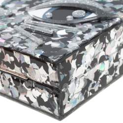 Pre Owned Karl Lagerfeld Black/Silver Glitter Acrylic Choupette Minaudiere Chain Box Clutch                  