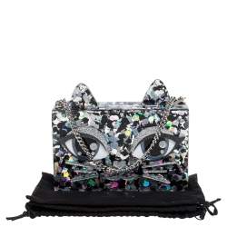 Pre Owned Karl Lagerfeld Black/Silver Glitter Acrylic Choupette Minaudiere Chain Box Clutch                  