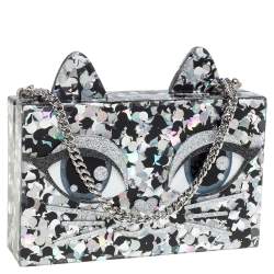 Pre Owned Karl Lagerfeld Black/Silver Glitter Acrylic Choupette Minaudiere Chain Box Clutch                  