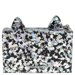 Pre Owned Karl Lagerfeld Black/Silver Glitter Acrylic Choupette Minaudiere Chain Box Clutch                  