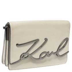 Pre Owned Karl Lagerfeld Beige Leather K/Signature Crossbody Bag