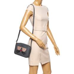 Pre Owned Karl Lagerfeld Grey Leather Maybelle Choupette Crossbody Bag