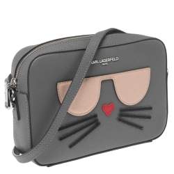 Pre Owned Karl Lagerfeld Grey Leather Maybelle Choupette Crossbody Bag
