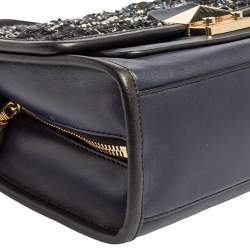 Pre Owned Karl Lagerfeld Blue/Black Leather and Tweed K/Kuilted Flap Shoulder Bag