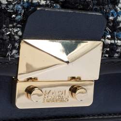 Pre Owned Karl Lagerfeld Blue/Black Leather and Tweed K/Kuilted Flap Shoulder Bag