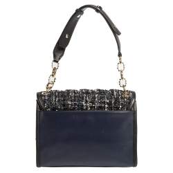 Pre Owned Karl Lagerfeld Blue/Black Leather and Tweed K/Kuilted Flap Shoulder Bag