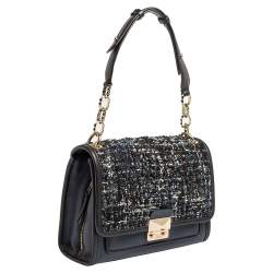 Pre Owned Karl Lagerfeld Blue/Black Leather and Tweed K/Kuilted Flap Shoulder Bag