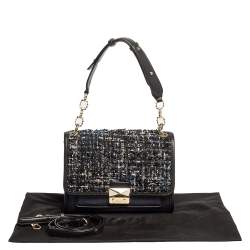 Pre Owned Karl Lagerfeld Blue/Black Leather and Tweed K/Kuilted Flap Shoulder Bag