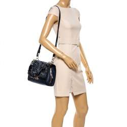 Pre Owned Karl Lagerfeld Blue/Black Leather and Tweed K/Kuilted Flap Shoulder Bag