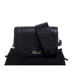 Karl Lagerfeld Black Signature Embossed Leather Flap Shoulder Bag