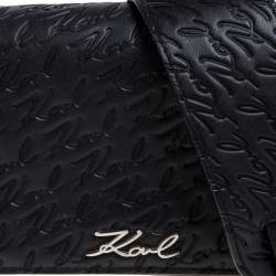 Karl Lagerfeld Black Signature Embossed Leather Flap Shoulder Bag