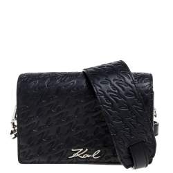 Karl Lagerfeld Black Signature Embossed Leather Flap Shoulder Bag