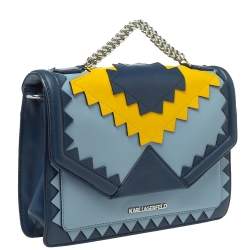 Karl Lagerfeld Blue/Yellow Leather K/Klassik Zigzag Shoulder Bag