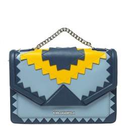 Karl Lagerfeld Blue/Yellow Leather K/Klassik Zigzag Shoulder Bag