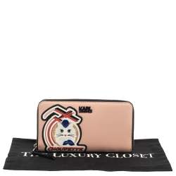 Pre Owned Karl Lagerfeld Pink/Black Leather Choupette Zip Around Continental Wallet
