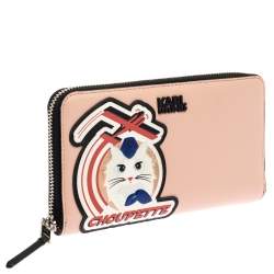 Pre Owned Karl Lagerfeld Pink/Black Leather Choupette Zip Around Continental Wallet