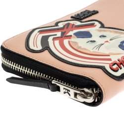 Pre Owned Karl Lagerfeld Pink/Black Leather Choupette Zip Around Continental Wallet