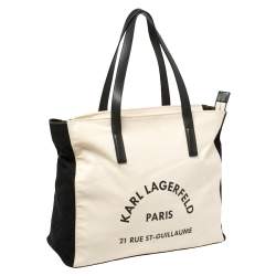 Pre Owned Karl Lagerfeld Cream White/Black Canvas Rue St Guillaume Tote