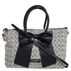 Karl Lagerfeld White/Black Tweed and Leather Kris Bow Tote
