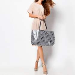 Karl Lagerfeld Black/White Logo Print Patent Vinyl and Leather Open Tote