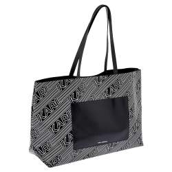 Karl Lagerfeld Black/White Logo Print Patent Vinyl and Leather Open Tote