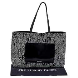 Karl Lagerfeld Black/White Logo Print Patent Vinyl and Leather Open Tote