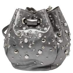 Karl Lagerfeld Metallic Silver Leather K/Rocky Studs Drawstring Bag           