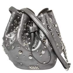 Karl Lagerfeld Metallic Silver Leather K/Rocky Studs Drawstring Bag           