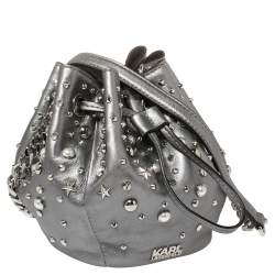 Karl Lagerfeld Metallic Silver Leather K/Rocky Studs Drawstring Bag           