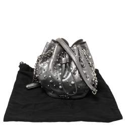 Karl Lagerfeld Metallic Silver Leather K/Rocky Studs Drawstring Bag           