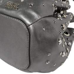 Karl Lagerfeld Metallic Silver Leather K/Rocky Studs Drawstring Bag           