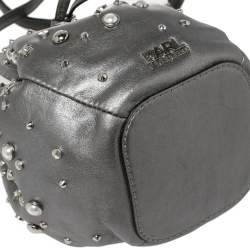 Karl Lagerfeld Metallic Silver Leather K/Rocky Studs Drawstring Bag           