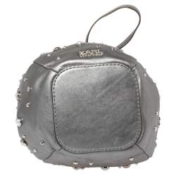 Karl Lagerfeld Metallic Silver Leather K/Rocky Studs Drawstring Bag           