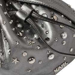 Karl Lagerfeld Metallic Silver Leather K/Rocky Studs Drawstring Bag           