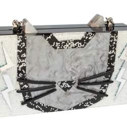 Karl Lagerfeld Black/Silver Glitter Acrylic Choupette Minaudiere Chain Box Clutch