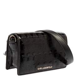 Pre Owned Karl Lagerfeld Black Logo Embossed Patent Leather Flap Shoulder Bag