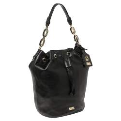 Pre Owned Karl Lagerfeld Black Pebble Leather Drawstring Bucket Bag