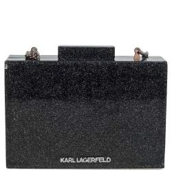 Karl Lagerfeld Black Glitter Acrylic Tres Karl Chain Box Clutch