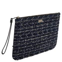Pre Owned Karl Lagerfeld Blue/Black Quilted Tweed and Leather Zip Clutch