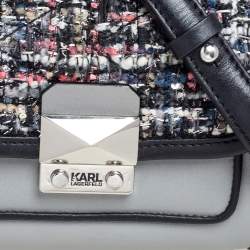 Pre Owned Karl Lagerfeld Grey Leather and Tweed Crossbody Bag