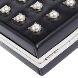Pre Owned Karl Lagerfeld Black Leather Nyc Choupette Pearl Embellished Clutch