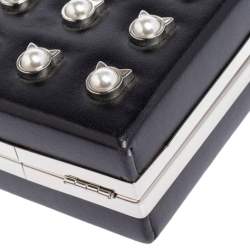 Pre Owned Karl Lagerfeld Black Leather Nyc Choupette Pearl Embellished Clutch